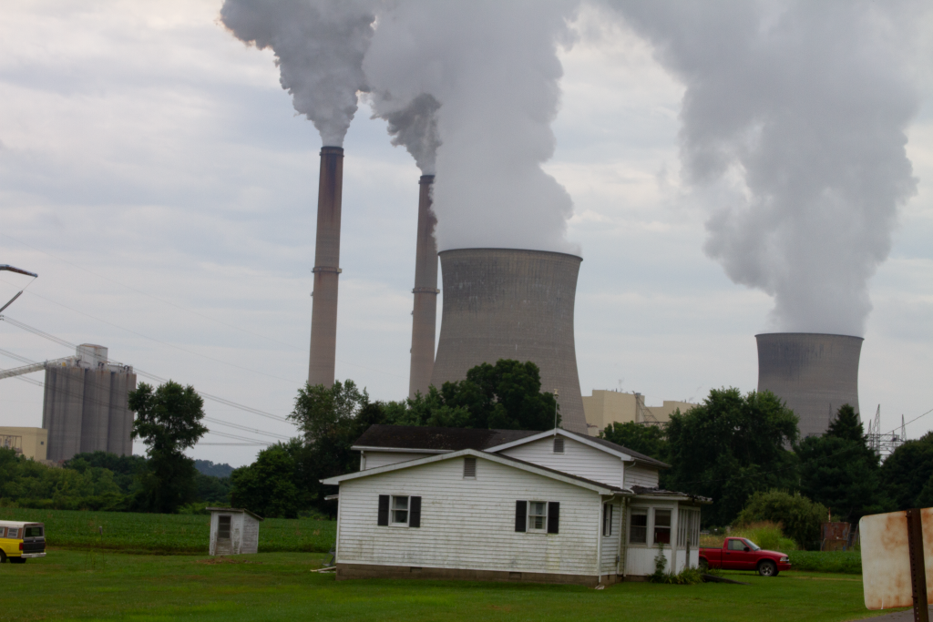 View of the Gavin power plant from the front yard of one of the few remaining houses in the old part of Cheshire Ohio