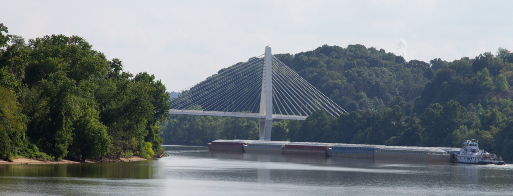 Barges carrying coal underneath the bridge between Middleport, Ohio and Mason, West Virginia